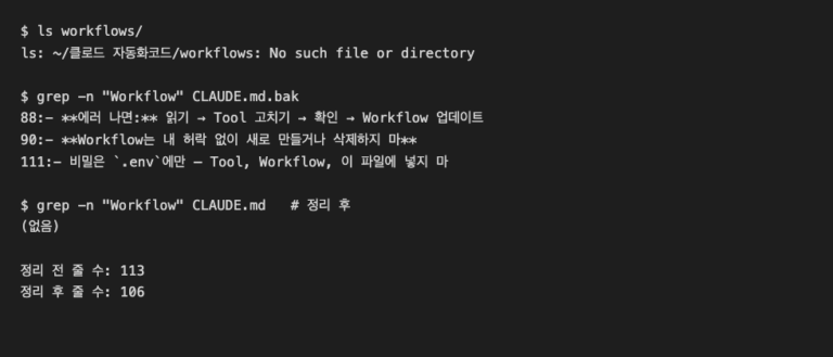 workflows 폴더가 없는데 CLAUDE.md에 Workflow 규칙이 남아 있던 확인 결과