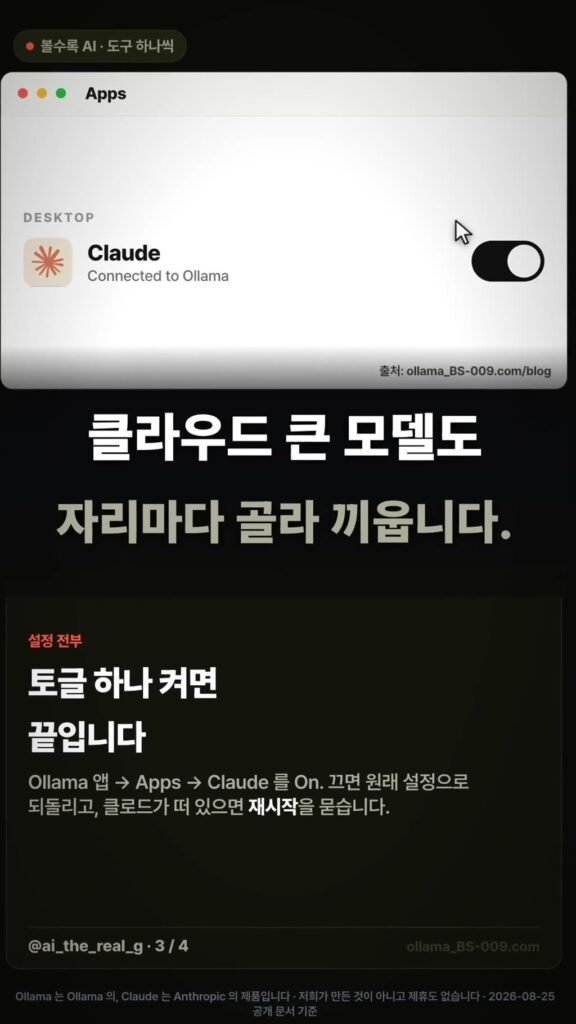 올라마 앱의 Apps → Claude 연동 토글 화면