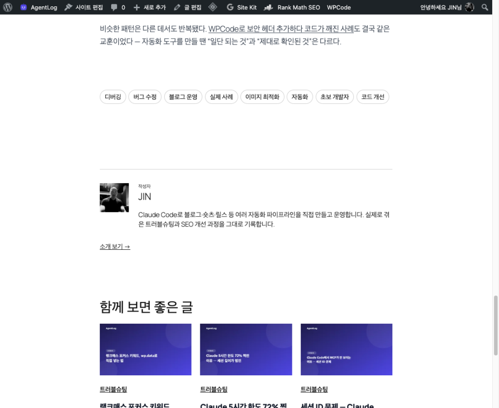 글 하단 저자 소개 박스와 '함께 보면 좋은 글' 카드 섹션 — 댓글창과 이전 글 내비게이션이 있던 자리를 대체한 실제 화면