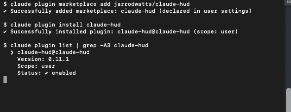claude plugin marketplace add와 claude plugin install 실행 후 claude-hud가 설치·활성화된 터미널 출력